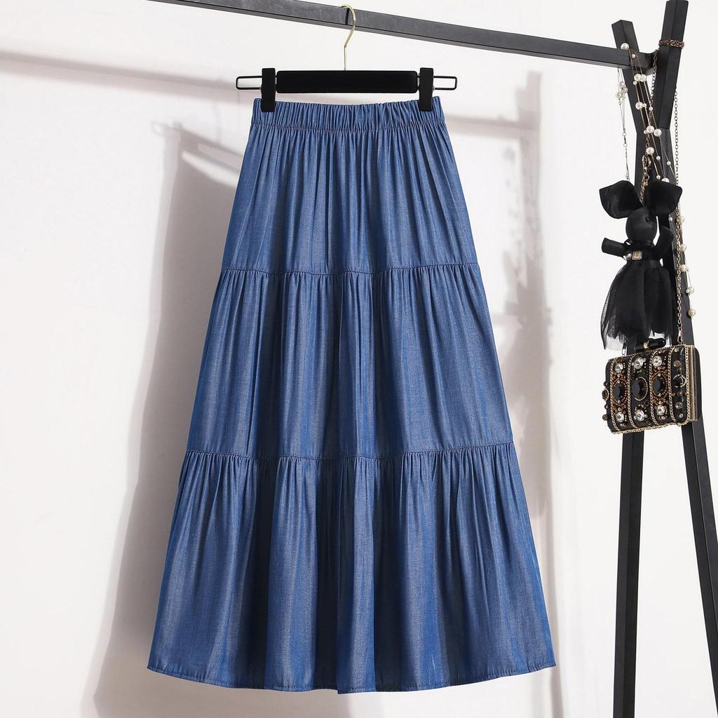 Qooth Patchwork Simple Casual Pleated Skirt Ankle Length Skirt Elegant Blue Skirt QT2158
