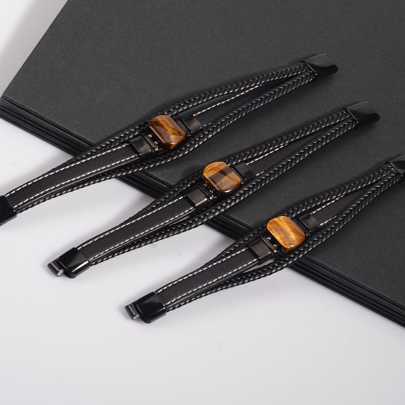 Мужской многослойный кожаный браслет «Тигровый глаз» с магнитной застежкой и вставками из нержавеющей стали