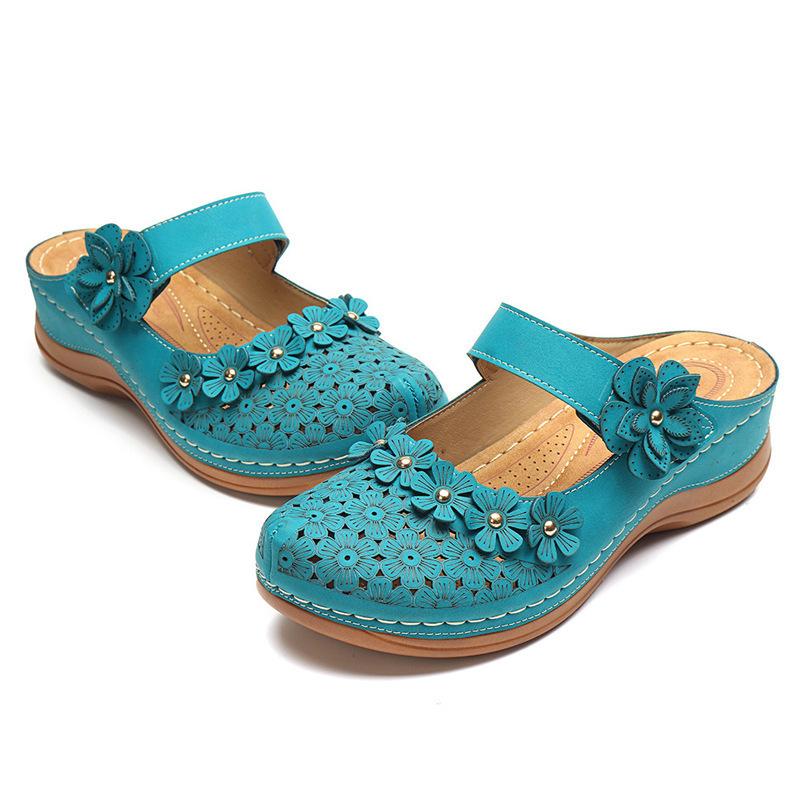 2023 Women's Sandals Large Size Vintage Flat Sandals Round Toe Flower Wedges Thick Sole Slippers for Women