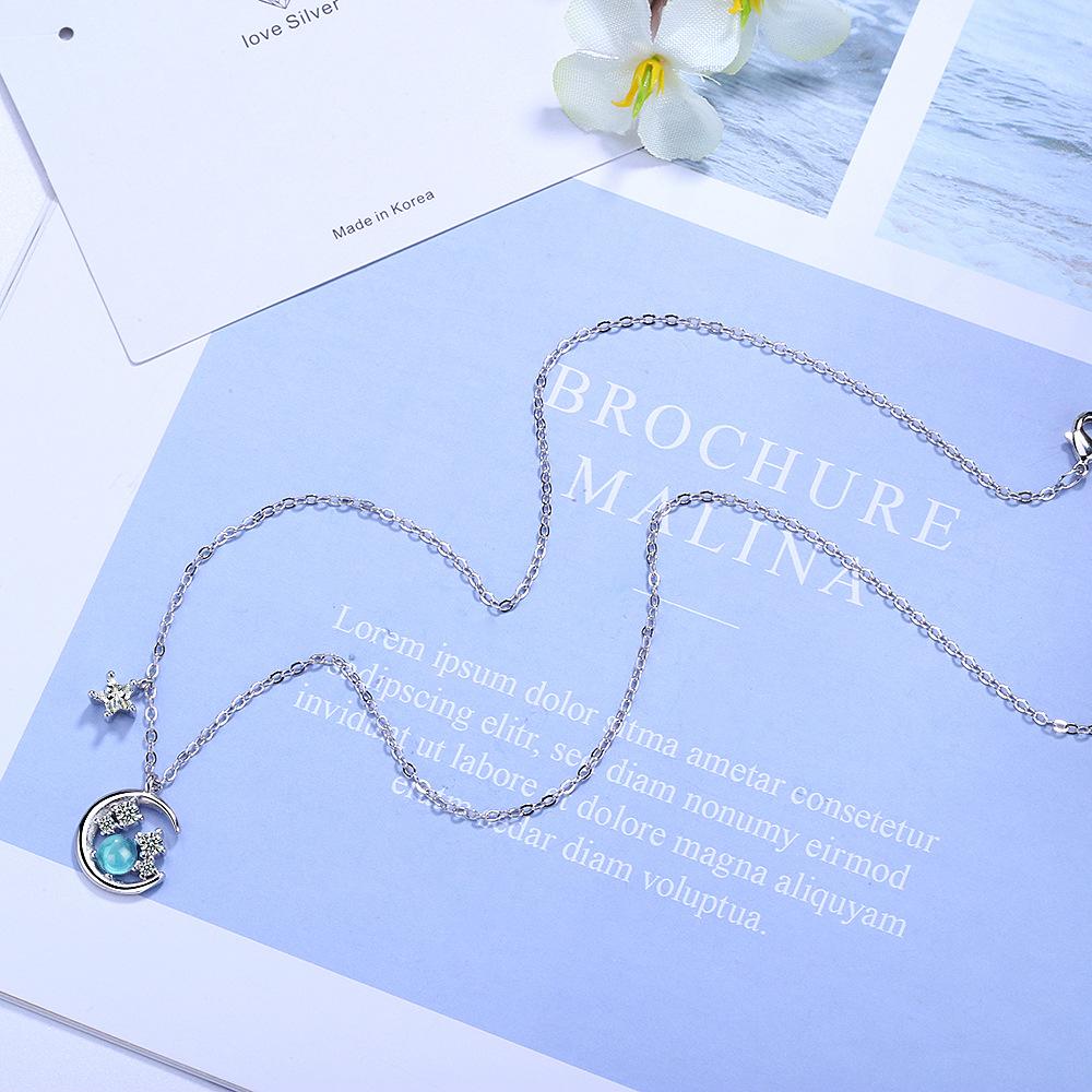 Blue Star and Moon Design Necklace Female Gift for Girlfriend Collarbone Chain Simple Personality Temperament Cold Wind Jewelry