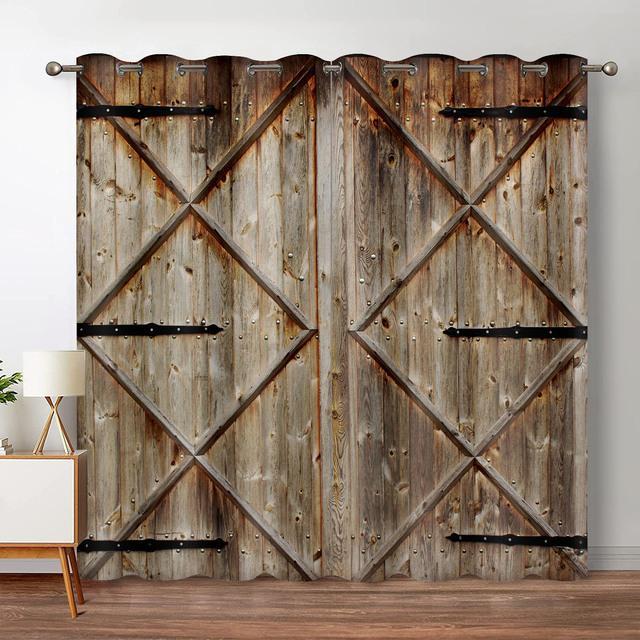 Rustic Wooden Blackout Curtains Vintage Barn Door Farmhouse Countryside Room Window Drapes For Bedroom Living Room High Shading
