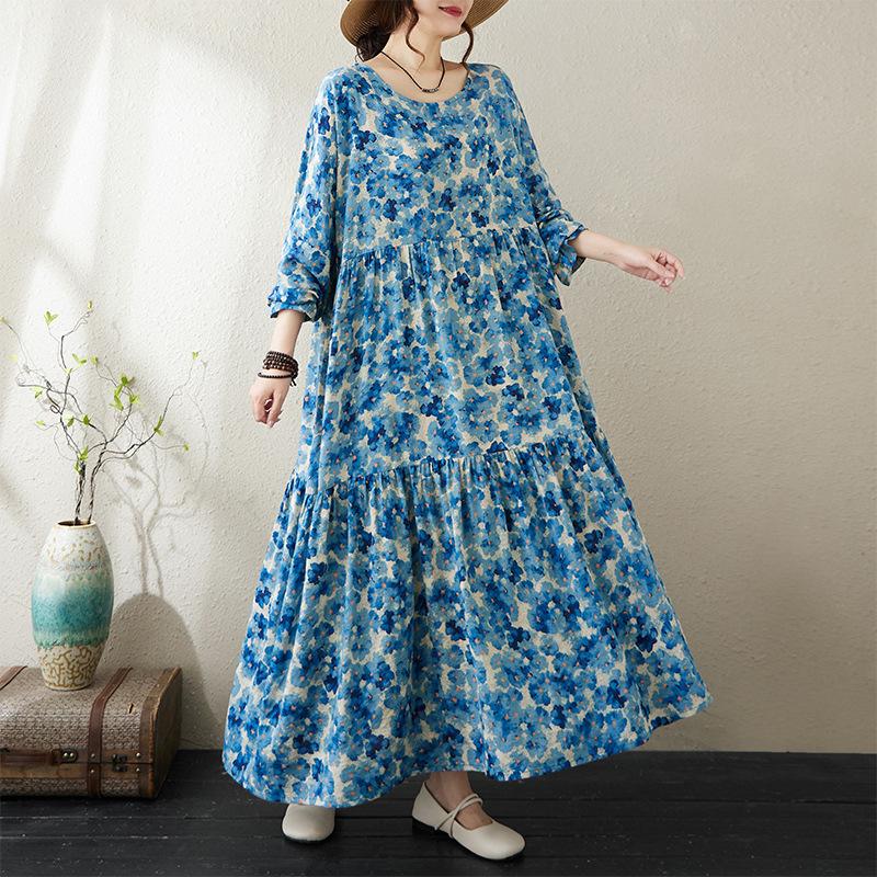 Autumn Thin Cotton Linen Fat MM Long Sleeved Loose Casual Slimming Cake Big Swing A-line Dress for Women Dresses