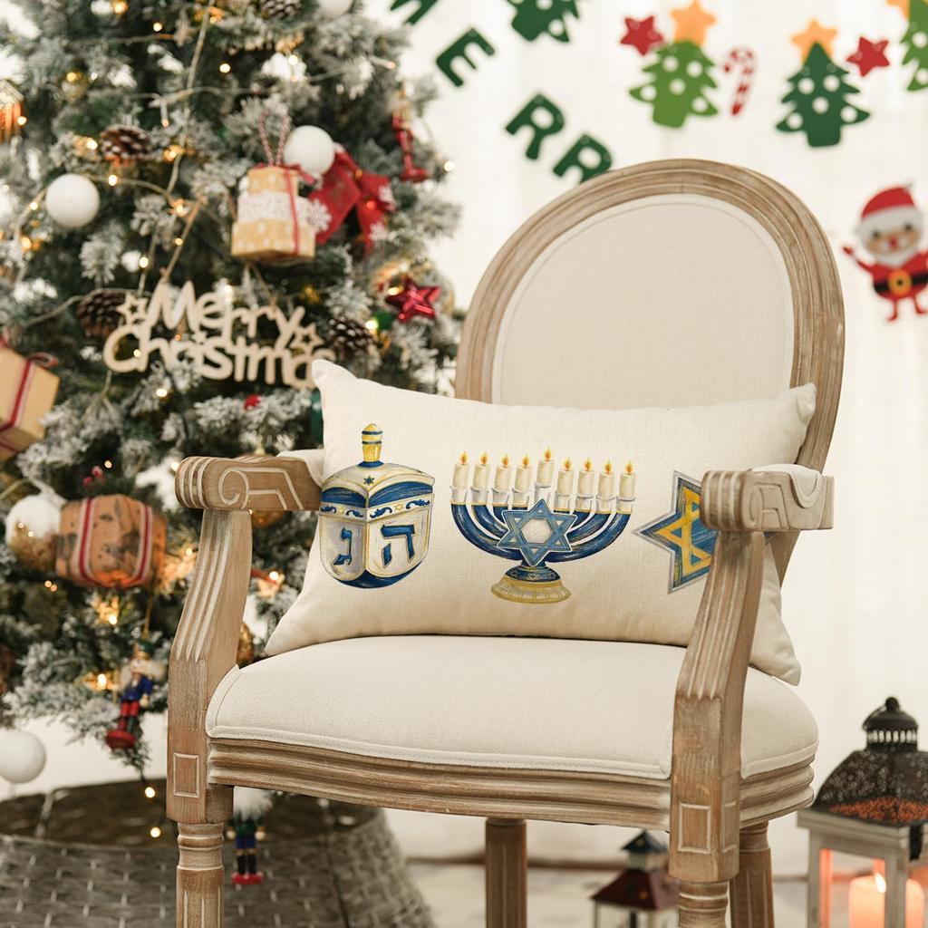 AVOIN colorlife Hanukkah Menorah Light Star of David Throw Pillow Cover, 12 x 20 Inch Chanukah Dreidel Hexagram Holiday Cushion Case for Sofa Couch