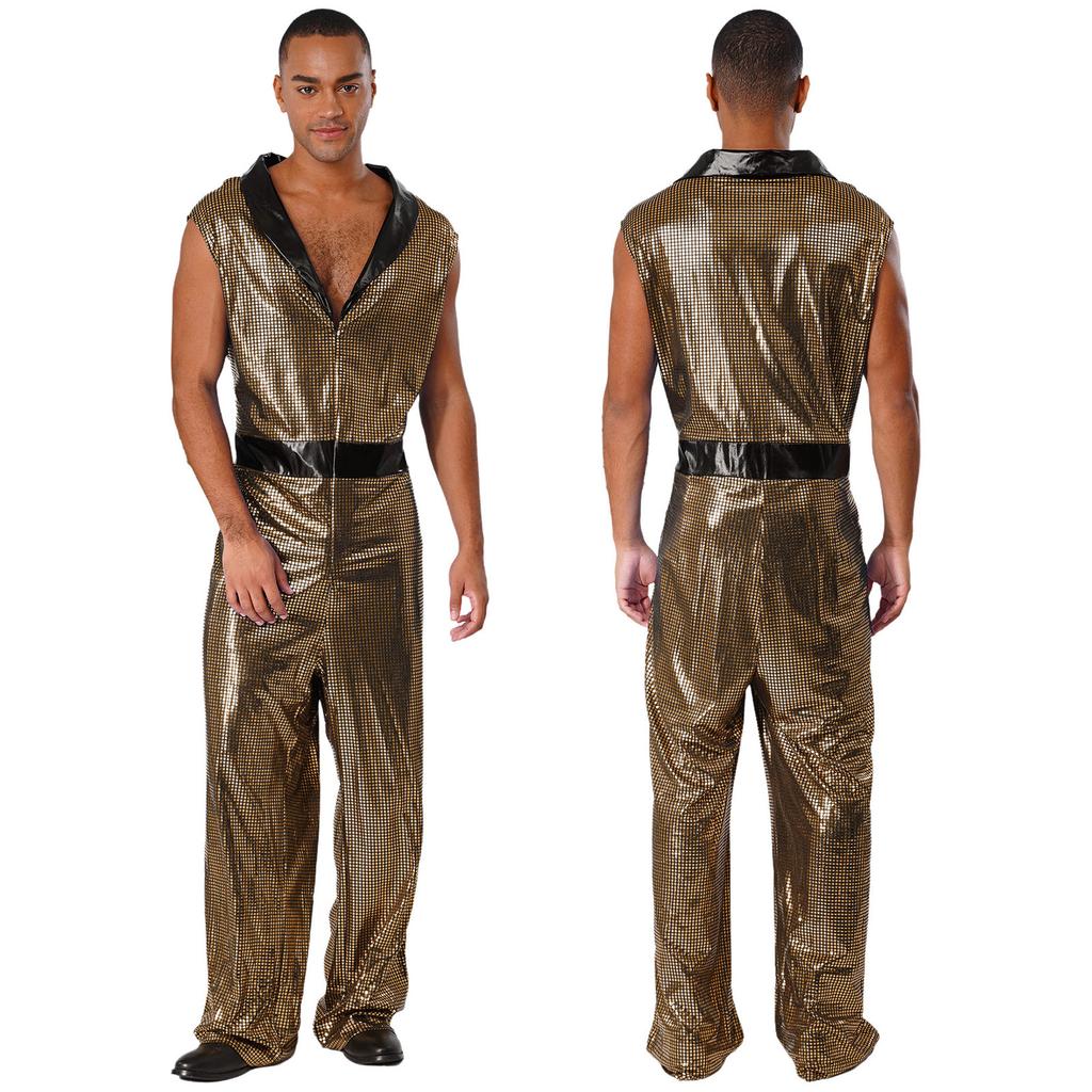 Retro 1920s Disco Outfit for Men M-3XL Metallic Shiny Plaid V Neck Lapel Sleeveless Wide Leg Jumpsuit for Club Rave Stage