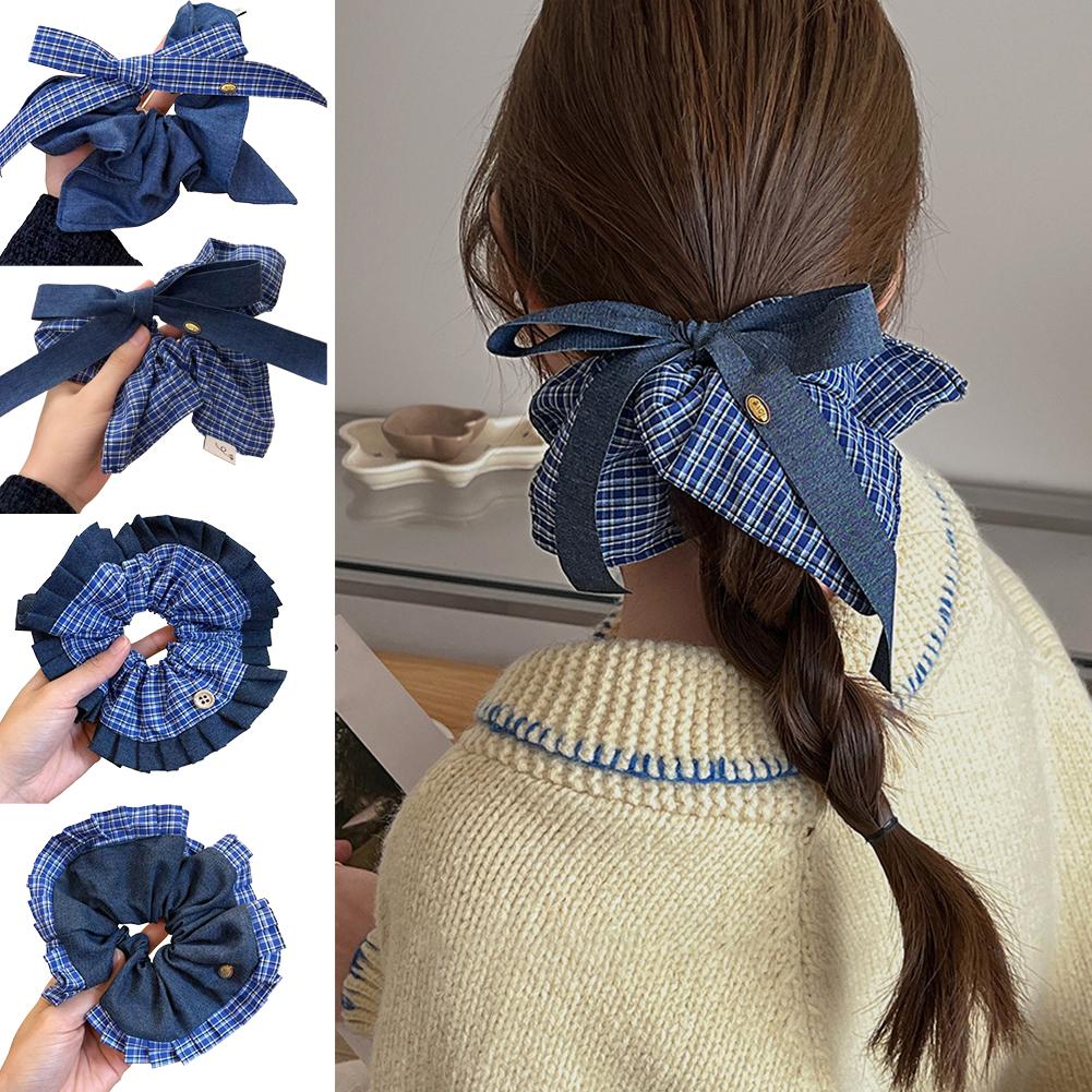Korean Bow Denim Blue Plaid Square Scarf Large Intestine Headband Hair Square Female Band Hair H0K6
