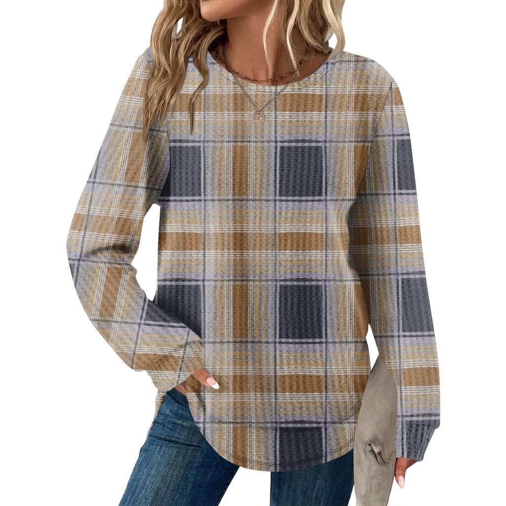 Женский повседневный топ свободного кроя с круглым вырезом и длинными рукавами в клетку