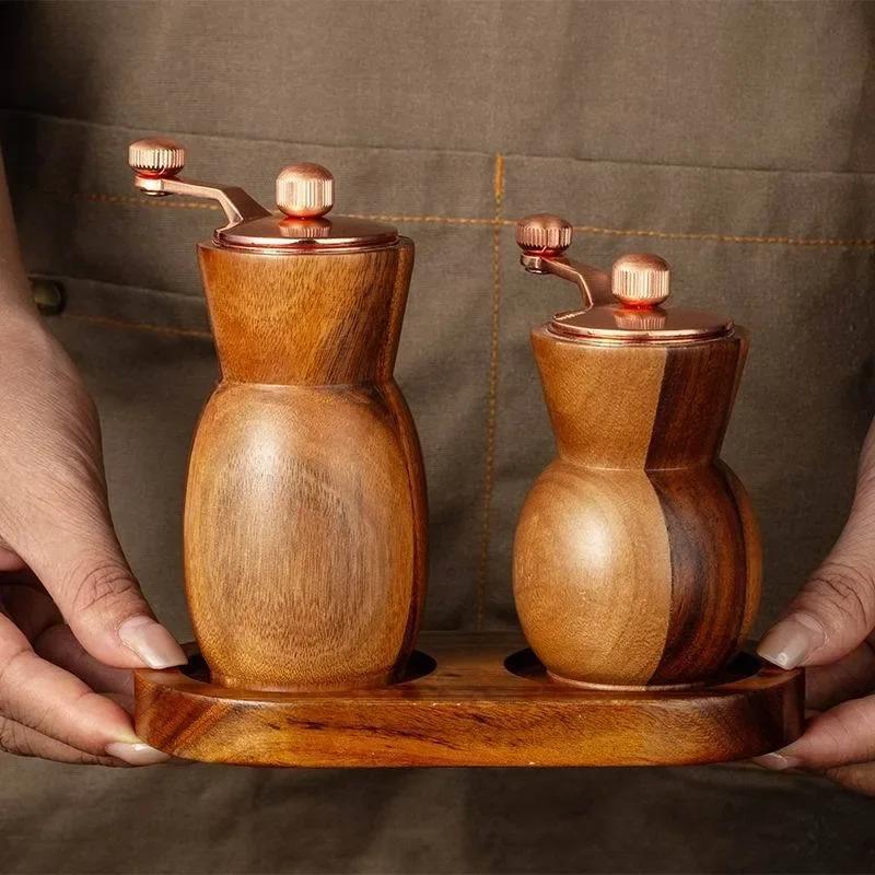Hand Acacia Wood Pepper Grinder Set Vase Shape Black Pepper Grinder with Base Adjustable Ceramic Core Salt Shaker Grinding Tools