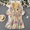 Vacation Style Deep V-neck Lantern Sleeves Pleated Long Dress Early Spring Gentle Style Tea Break French Oil Painting Dress