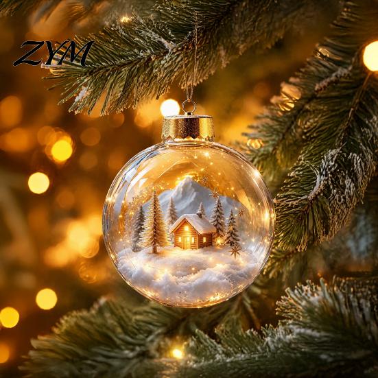 Lightweight Hanging Christmas Ball Ornament with LED Lights, Snow Scene Acrylic Clear Holiday Decor, Shatterproof Xmas Tree Sphere Theme Decorations