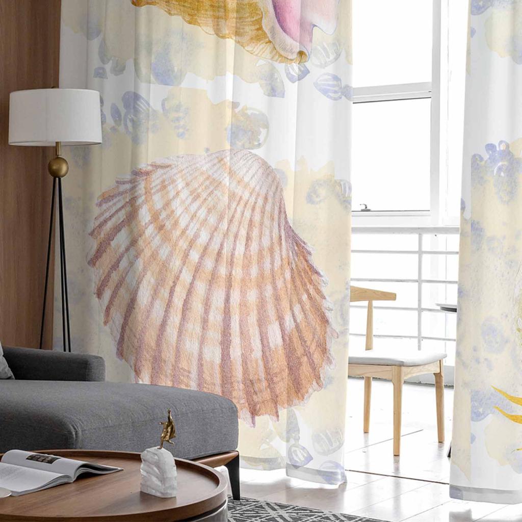 Retro Watercolor Sea Urchin Shell Starfish Ocean Sheer Curtains Modern Gauze Curtain for Living Room Bedroom Voile Yarn Curtains