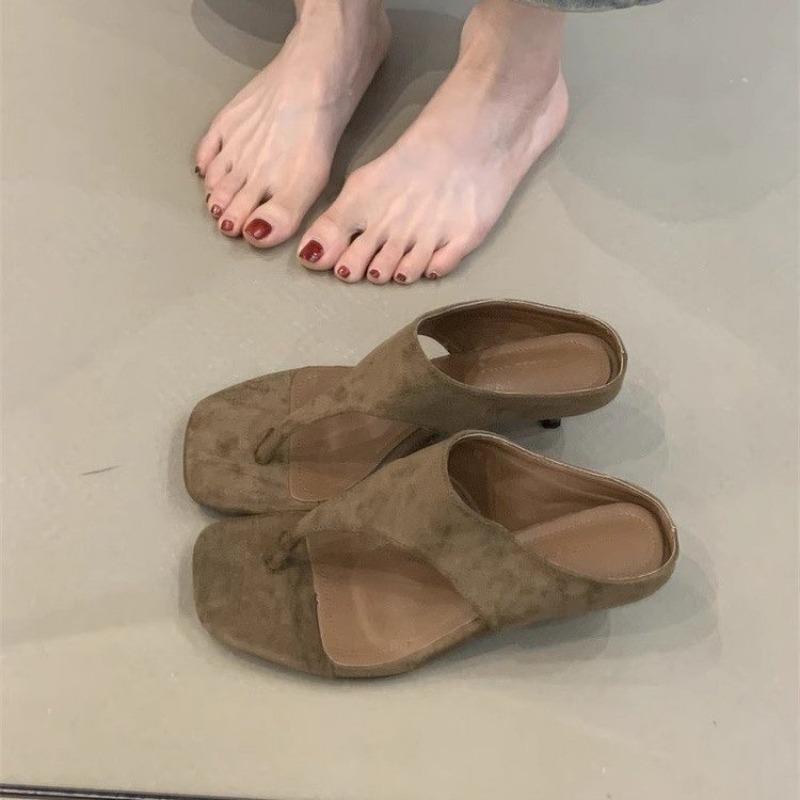 Кожаная верхняя одежда ретро высокие каблуки женские сандалии с открытым носком простой темперамент тонкие каблуки шлепанцы обувь
