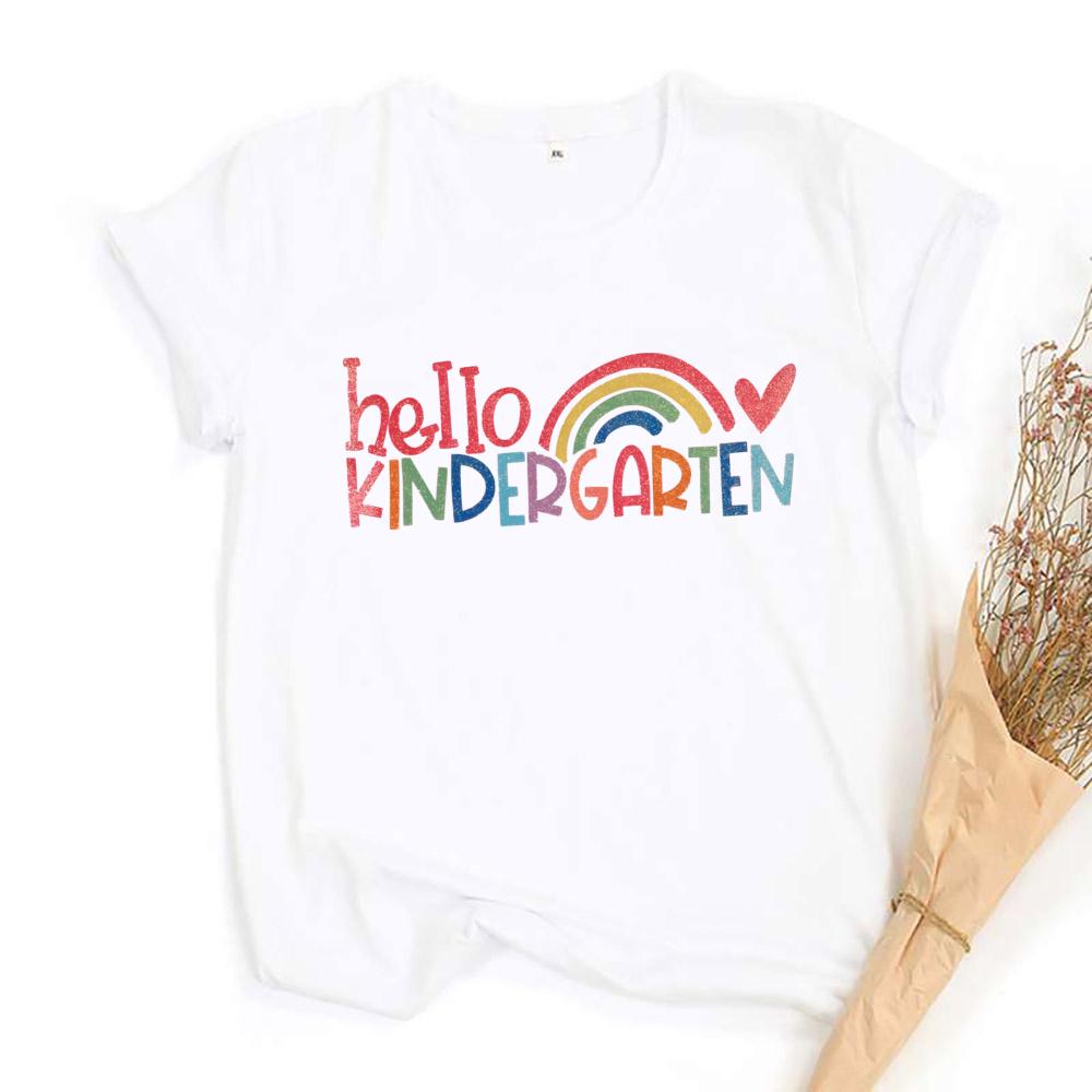 Hello Kindergarten Letter Print Unisexs Tshirt Round Neck Fashion Tee Tops Casual Short Sleeve Teacher T Shirt Teachers Clothes