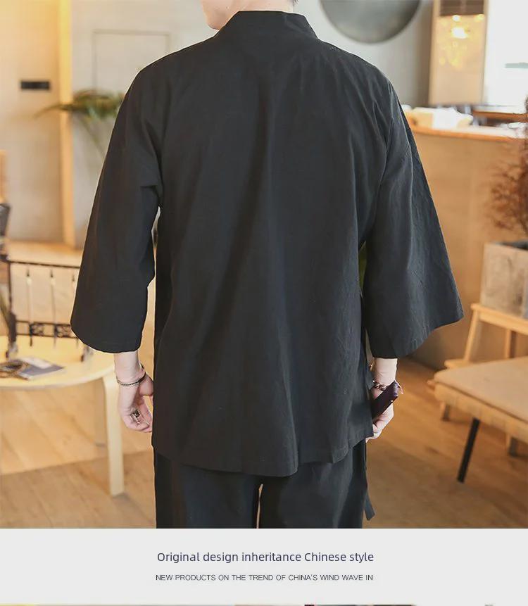 Мужская куртка дзен-буддистского ханьфу: Рукава три четверти, косой воротник, летний стиль, древняя китайская чайная одежда, даосский халат из хлопка и льна.
