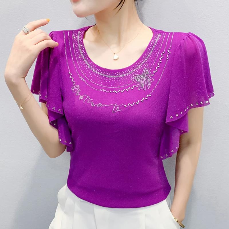 Летняя Новая Элегантная Футболка из Сетки с Короткими Рукавами и Круглым Вырезом Модные Рюши Горячие Бриллианты Женские Футболки Шикарные Рукава-Бабочки Повседневные Топы