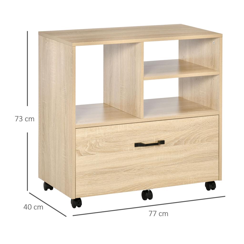 Multi-purpose Office Furniture in Wood, Chest of Drawers with Wheels Printer Holder with 5 Wheels, Drawer and Adjustable Shelf, 77x40x73cm, Wood