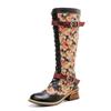 Johnature Handpainted Genuine Leather Women Long Boots Retro Floral Lace Up Belt Buckle Mid-calf Boots