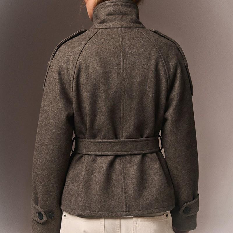 Womens Stand Collar Double Breasted Short Wool Coat With Belt Petite Women