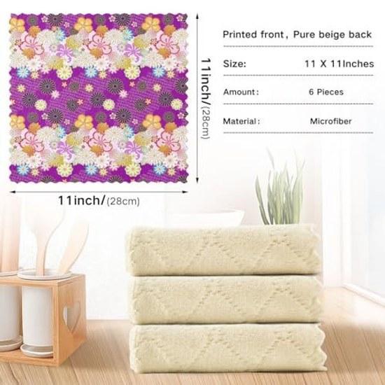 Kitchen cloth floral pattern Japanese style purple cute wiping absorbent quick-drying stain removal dishcloth 6-piece set dish towel stylish cleaning