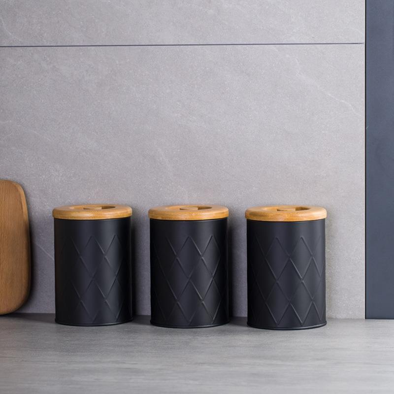 Household Reticulated Black Sealed Jar Coffee Bean Tea Bag Sugar Milk Grain Metal Storage Box Bamboo Lid Storage Jar