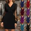 Midi Solid Color Bodycon V-Neck Long Sleeve Sequin Stitching Lace Dress Elegant Slim Fit Dress Micro Elastic Perfect for Party All-Season Wear