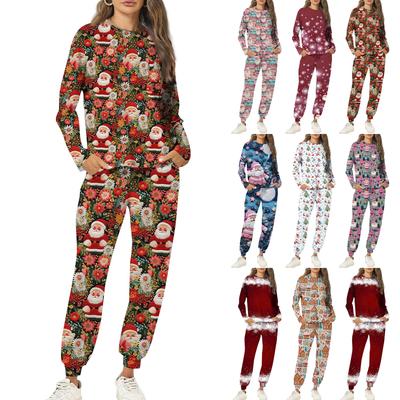 Комплекты для женщин из 2 предметов: футболки с круглым вырезом и длинным рукавом, принтованные спортивные брюки с карманами