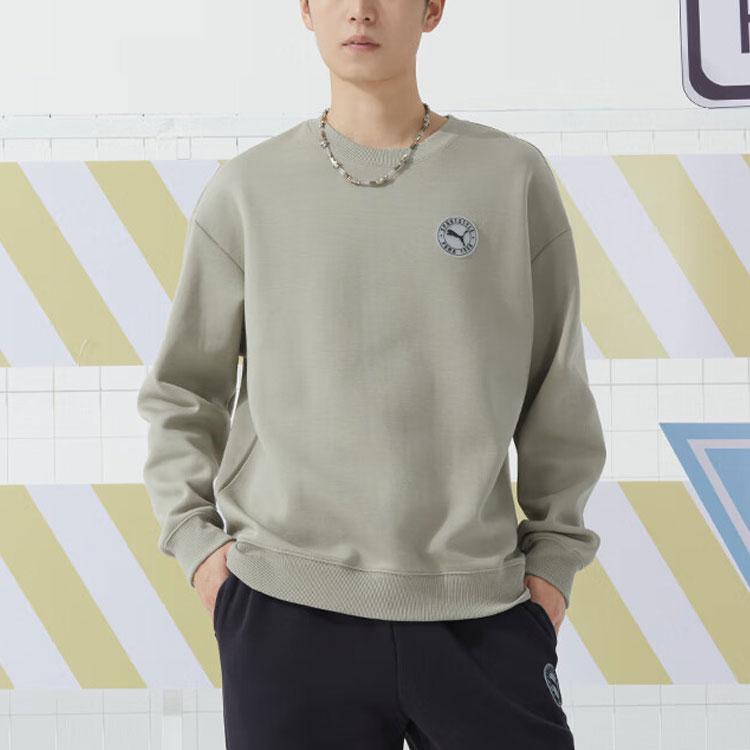 Puma Solid Color Logo Running Fitness Training Pullover Long Sleeve Sweatshirt Unisex Sweatshirt Khaki-Gray 627878-55