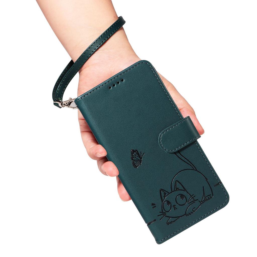 Leather Wallet Flip Case For OPPO Reno 15 Pro Max mini 15F 14 14F 13 13F 12 12F 11 11F 10 Cat and Butterfly Embossed,Wrist Strap