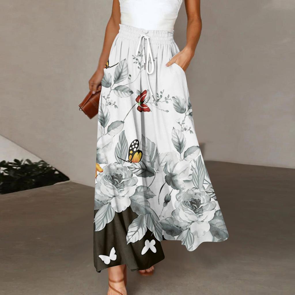 Женские брюки в стиле бохо с эластичным принтом и высокой талией, повседневные широкие брюки, длинные брюки с карманом