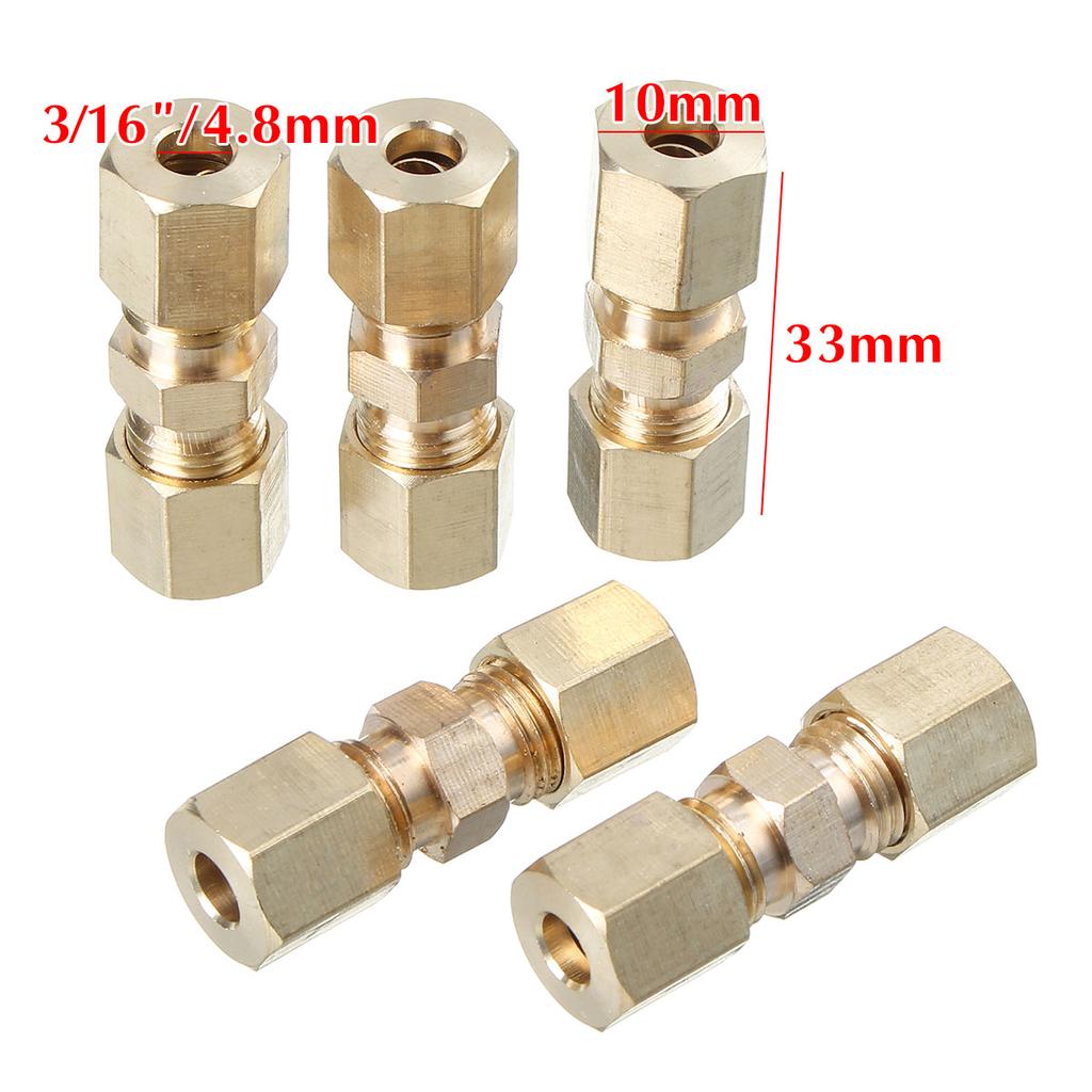 5pcs Brass Brake Line Union Fittings Straight Reducer Compression Kits Connector 3/16" OD Hydraulic Brake Lines Pipe 33 X 10mm