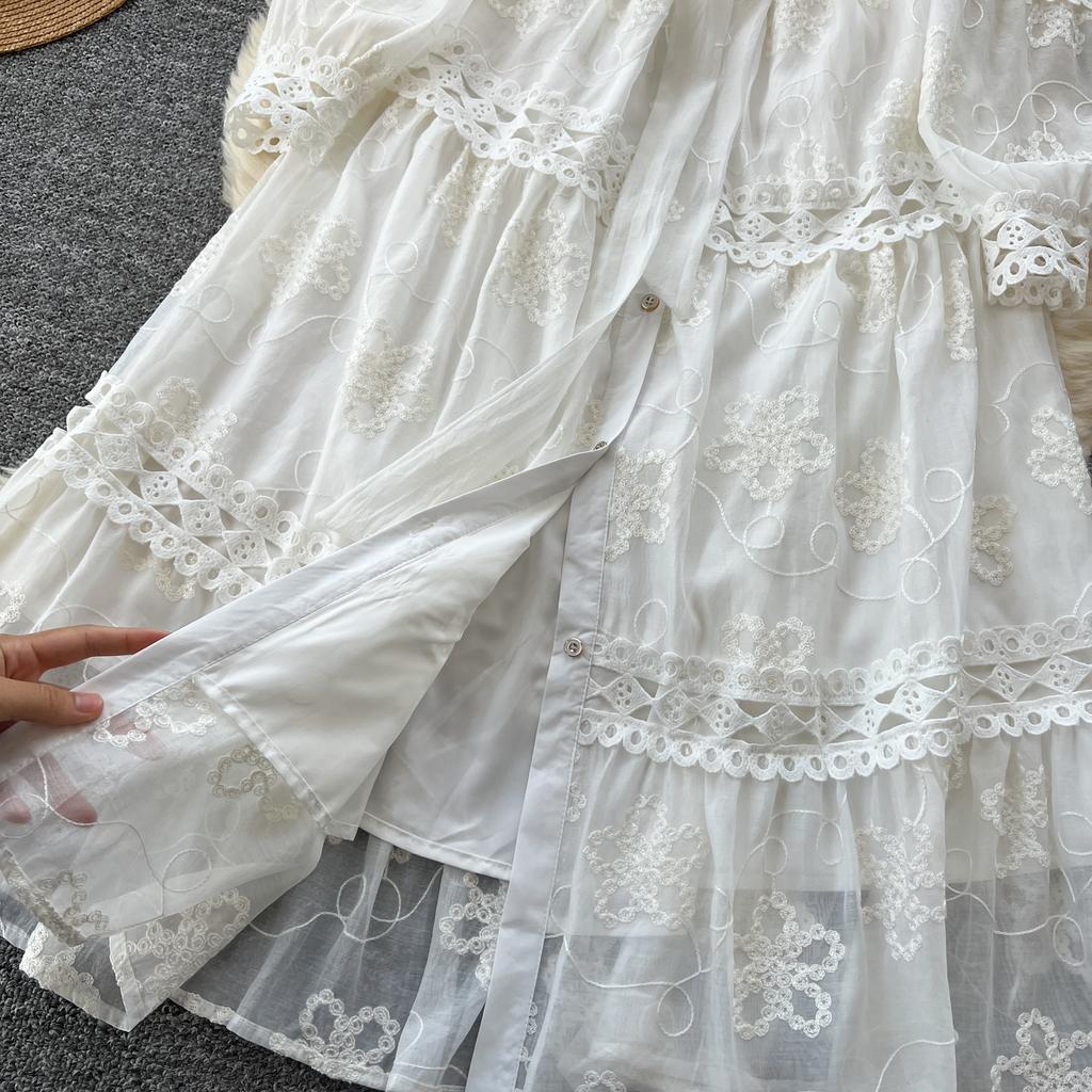 Весна Осень Женские Вышитые Цветочные Кружева Однобортные Платья Рубашки Для Вечеринок