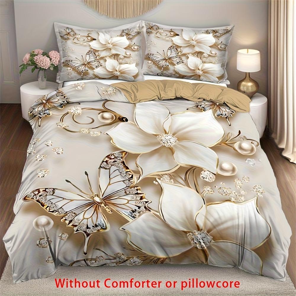 3pcs Champagne Bedding Set Pearl Flower Print Cozy Duvet Cover King Queen Twin Size Birthday Gift for Girl Adult Bedroom Decor