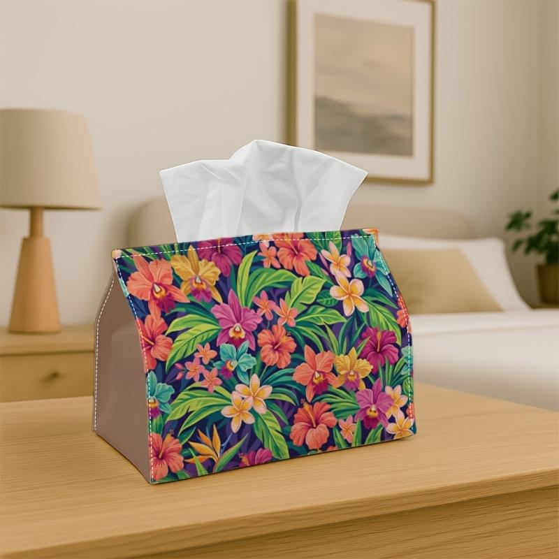 1pc Hawaiian Tropical Botanical Tissue Box | Multi-Functional Napkin Dispenser, Suitable for Home, Parties, Car Decoration Hibiscus Plumeria Frond- De