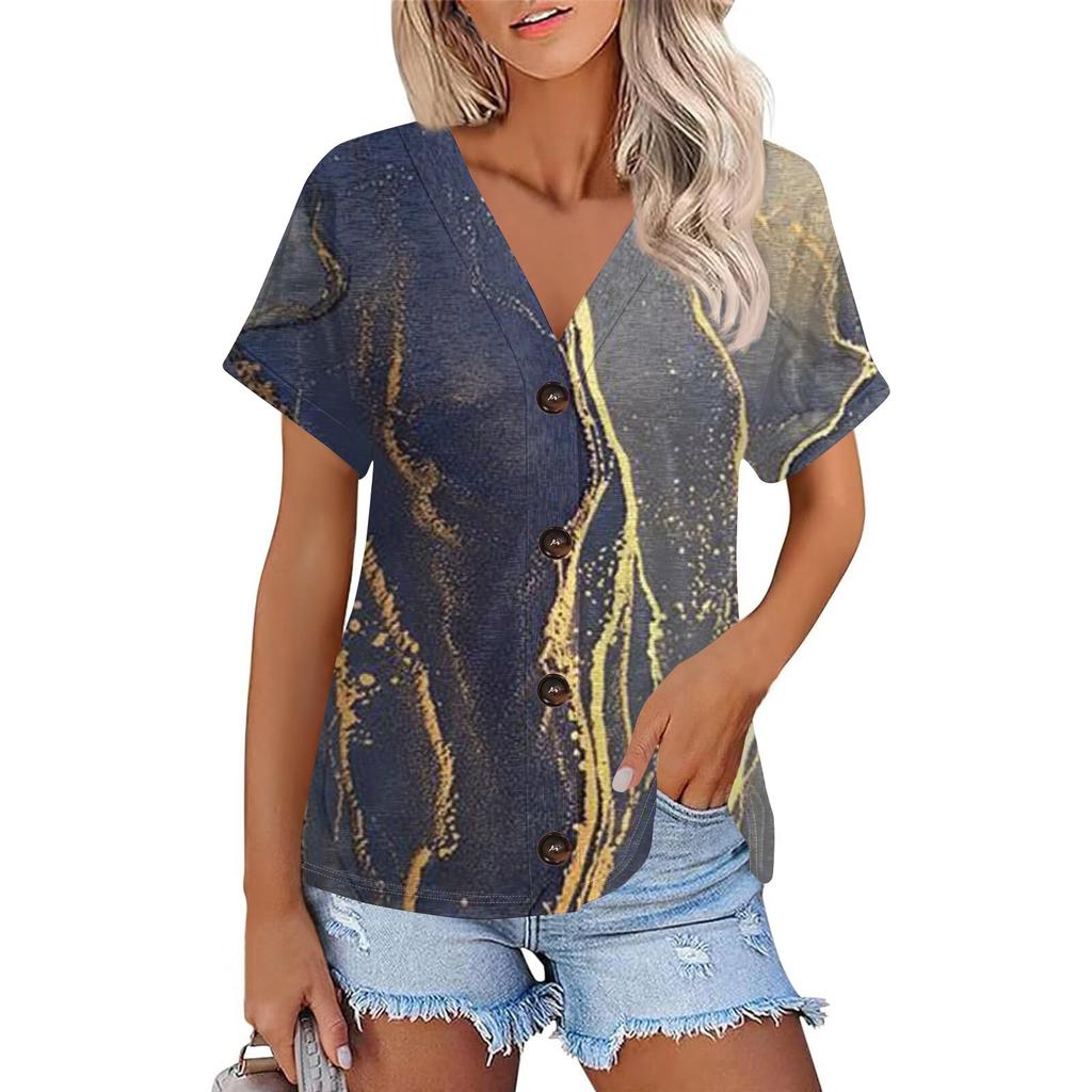 Женская модная футболка с короткими рукавами и V-образным вырезом, цветным принтом в стиле пэчворк, на пуговицах