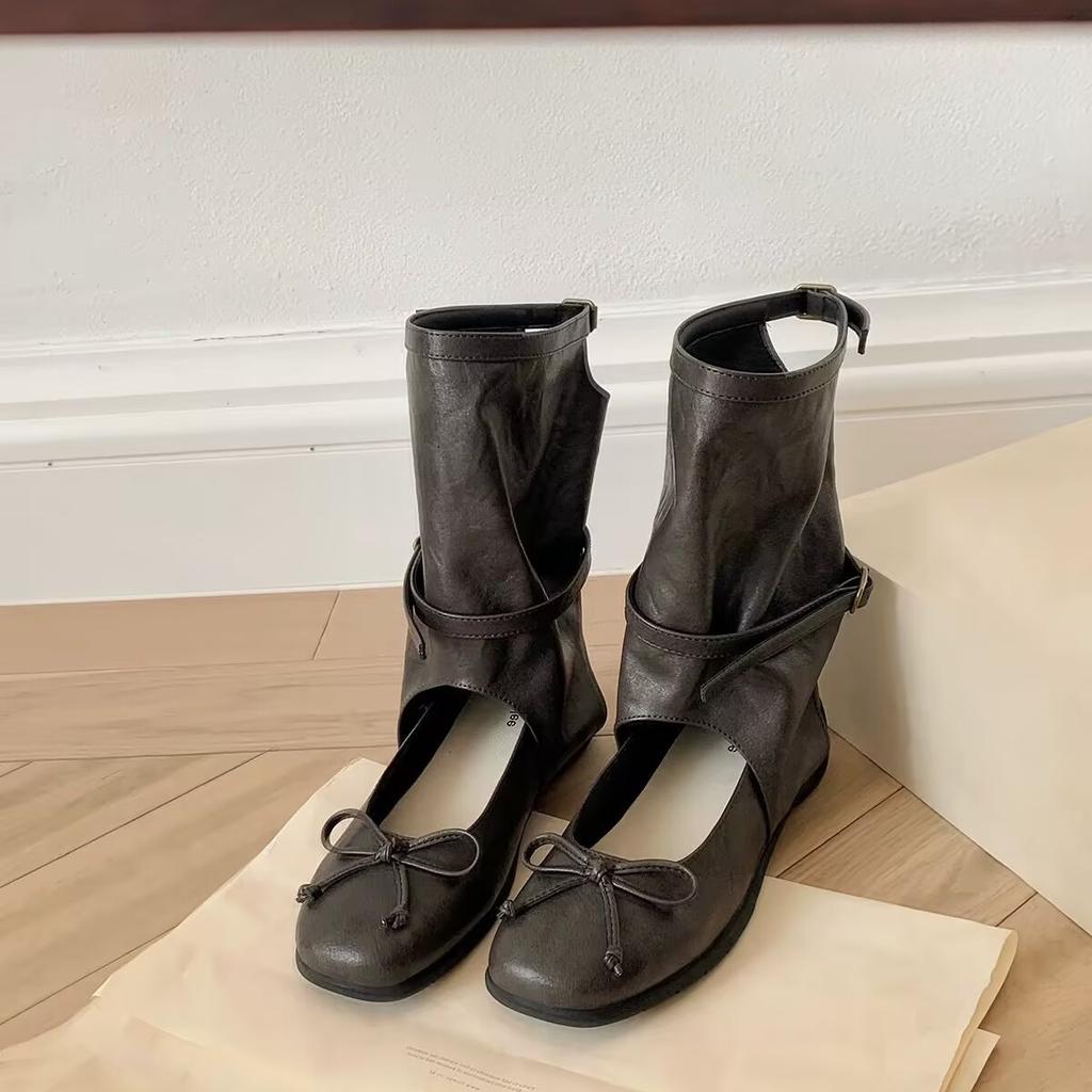 Ботильоны из овчины, увеличивающие рост на 5 см, дизайн Maillard, круглый носок, бант, крутые ботинки, балетки, рыцарские сапоги