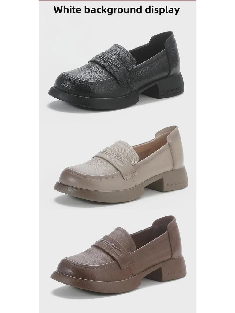 Women's Retro Loafers: Spring/Autumn Genuine Cowhide, Mid-Heel, Thick-Soled, Platform Leather Shoes