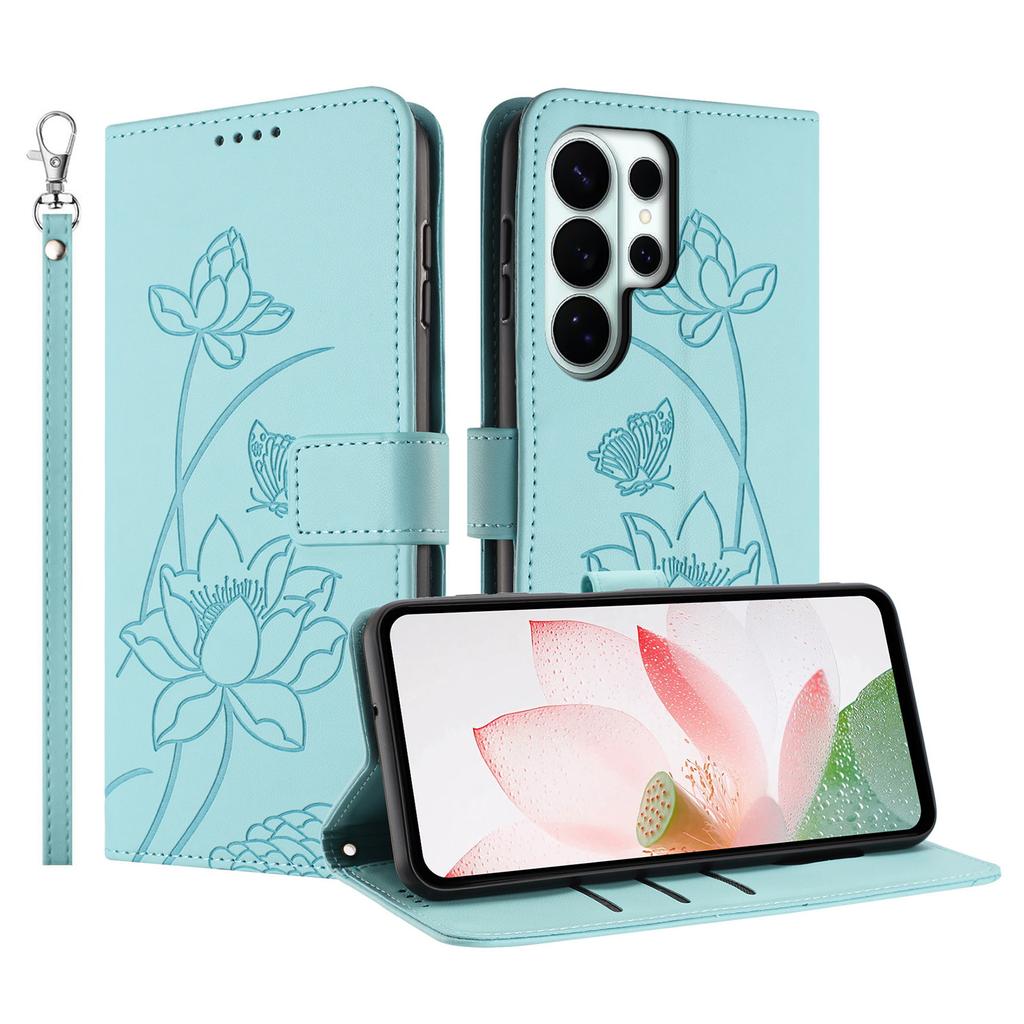 For Samsung Galaxy S26 Ultra Case Wallet Stand Lotus Imprint Leather Phone Cover with Wrist Strap