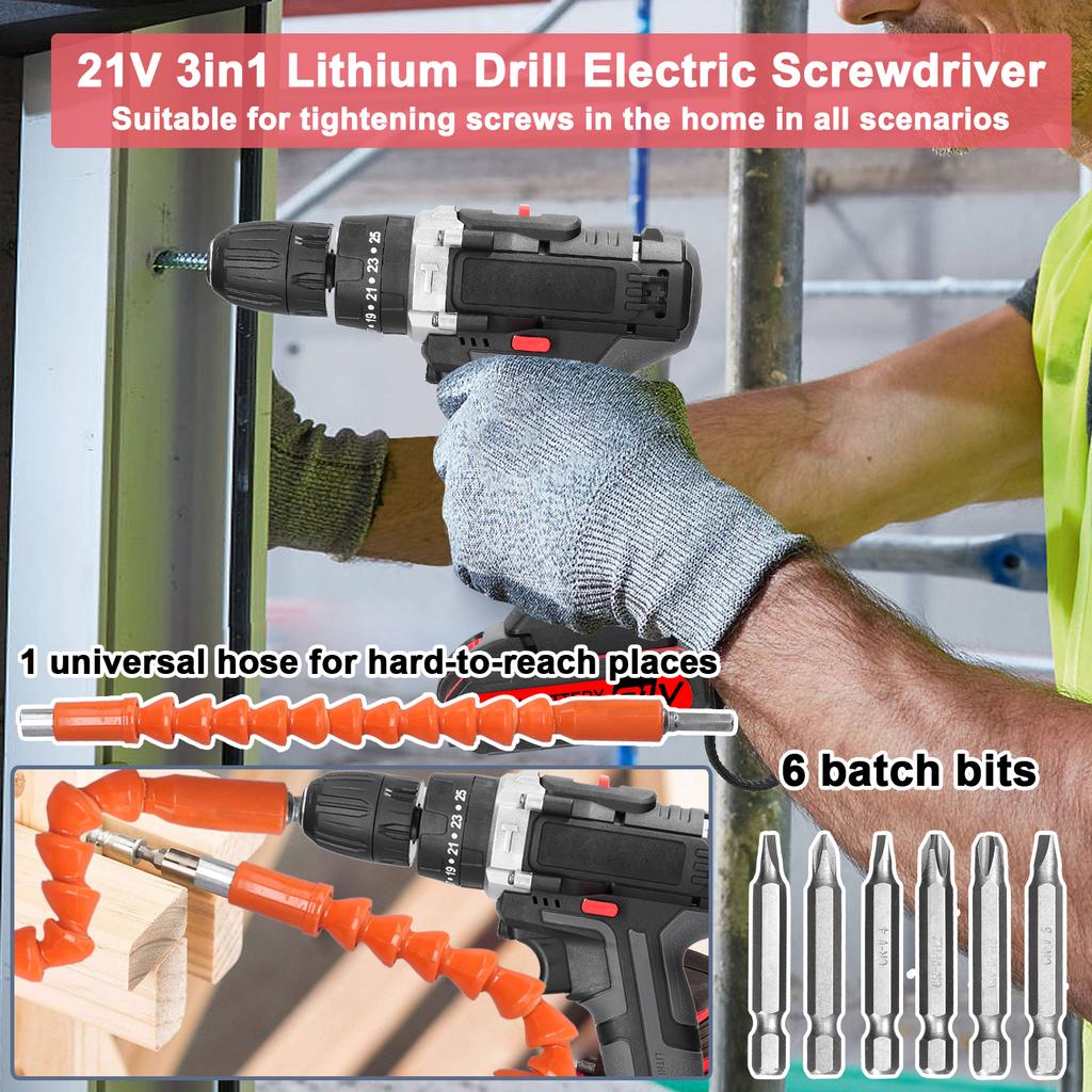 Household 3in1 Multifuctional Electric Drill Handheld Lithium Screwdriver 21V Impact Drill Brushed