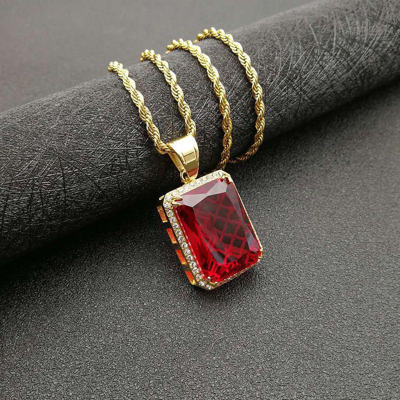 Vintage Hiphop 316L Stainless Steel Jewelry Big Red Green Stone Necklaces Pendants Crystal Gold Color Necklace Gift