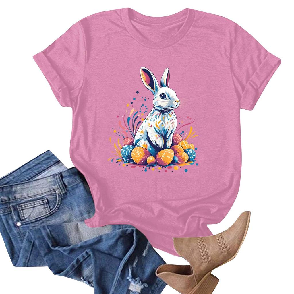 Women's Easter Bunny Print Neck Short Sleeve T-Shirt Top