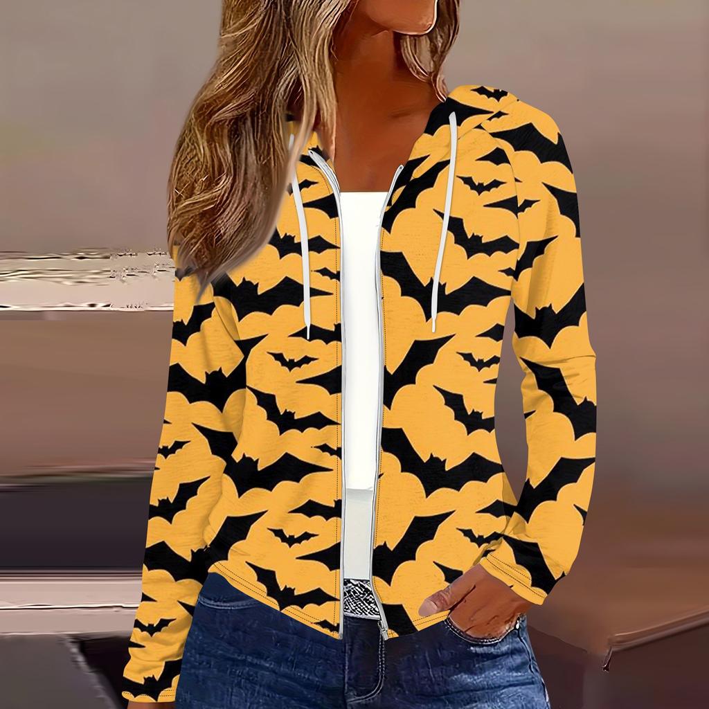 Women's Fashion Casual Zip Up Hooded Halloween Print Long Sleeve Sweatshirts Coat