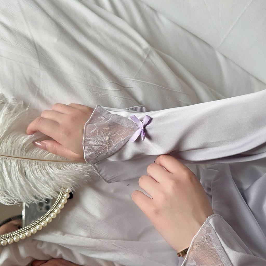 Атласная французская пижама 2025: Женский комплект домашней одежды из ледяного шелка с длинным рукавом и брюками, в милом стиле