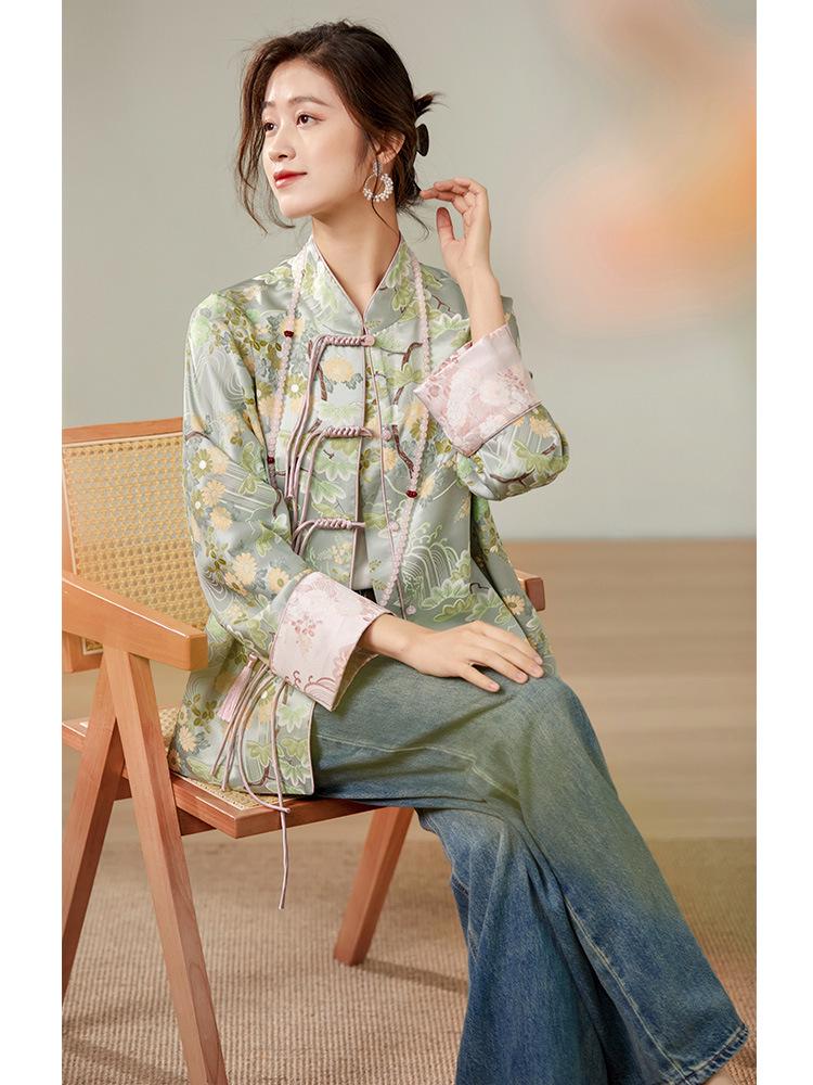 Место! Жакет из жаккардового шелка тутового шелкопряда плотностью 32 момми с застежкой на пуговицу-лягушку - стиль костюма тан