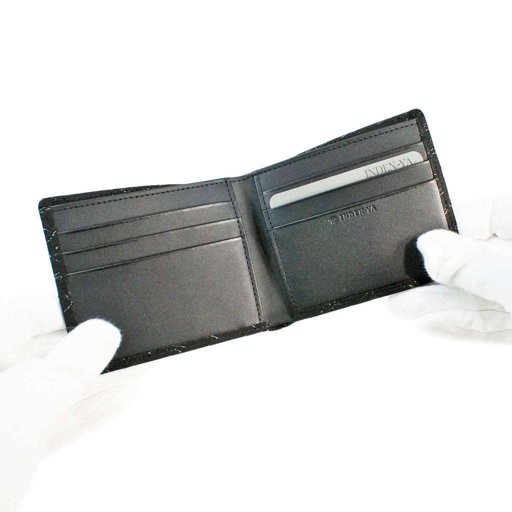 [Inden-ya] Кошелек-портмоне Inden, Отделение для купюр I, Без монетницы, Оленья кожа, Черный с черным лаком, Рисунок «Стрекоза», 2005-01-008