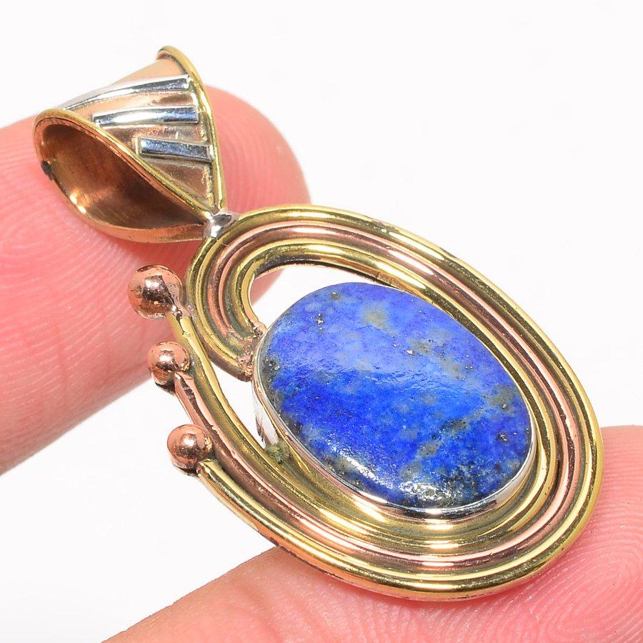 Natural Lapis Lazuli TwoTone 925 Solid Sterling Silver Gift Pendant 1.50" w9L76