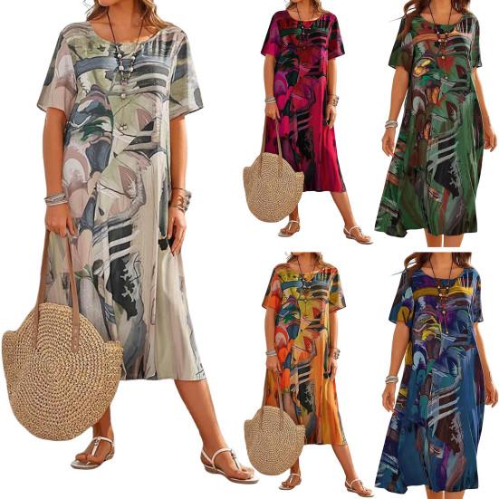 Женское повседневное свободное длинное платье с короткими рукавами и круглым вырезом