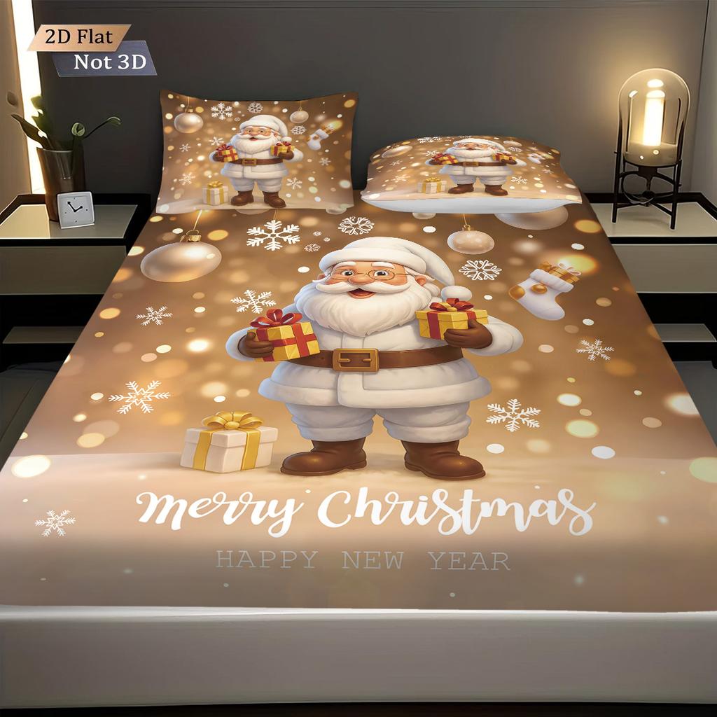 3pcs Merry Christmas Golden Santa Claus Print Bed Sheet Set Multi Size Soft Bedcover Bedroom Bedding Decoration Machine Washable