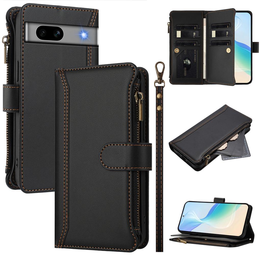 For Google Pixel 7a Leather Case 9 Card Slots Zipper Wallet Stand Phone Cover with Wrist Strap