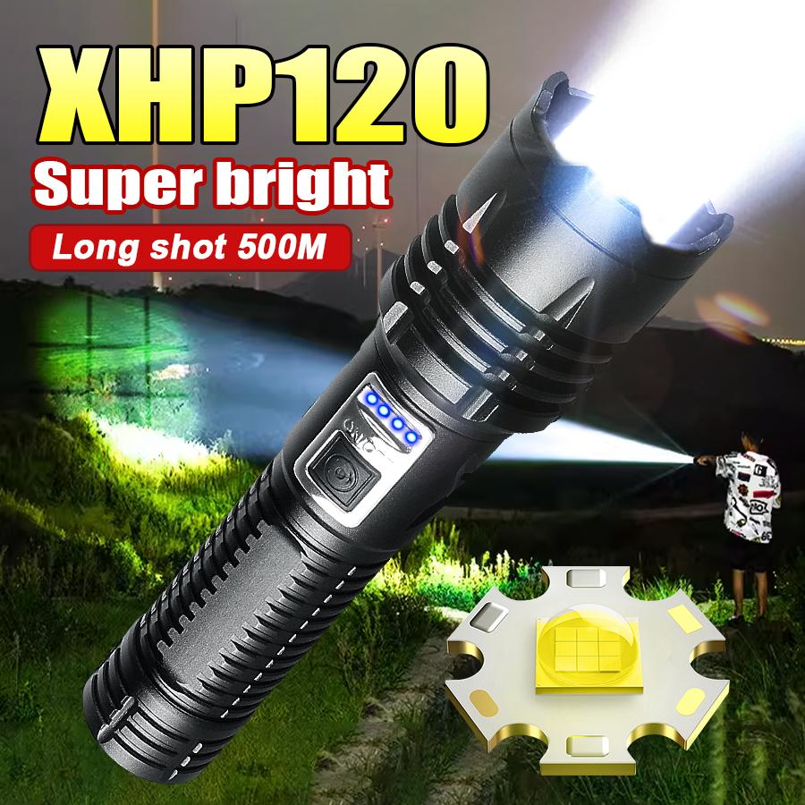Супер яркий фонарик мощный светодиодный фонарик XHP120 масштабируемый портативный фонарь со встроенным аккумулятором водонепроницаемый фонарик