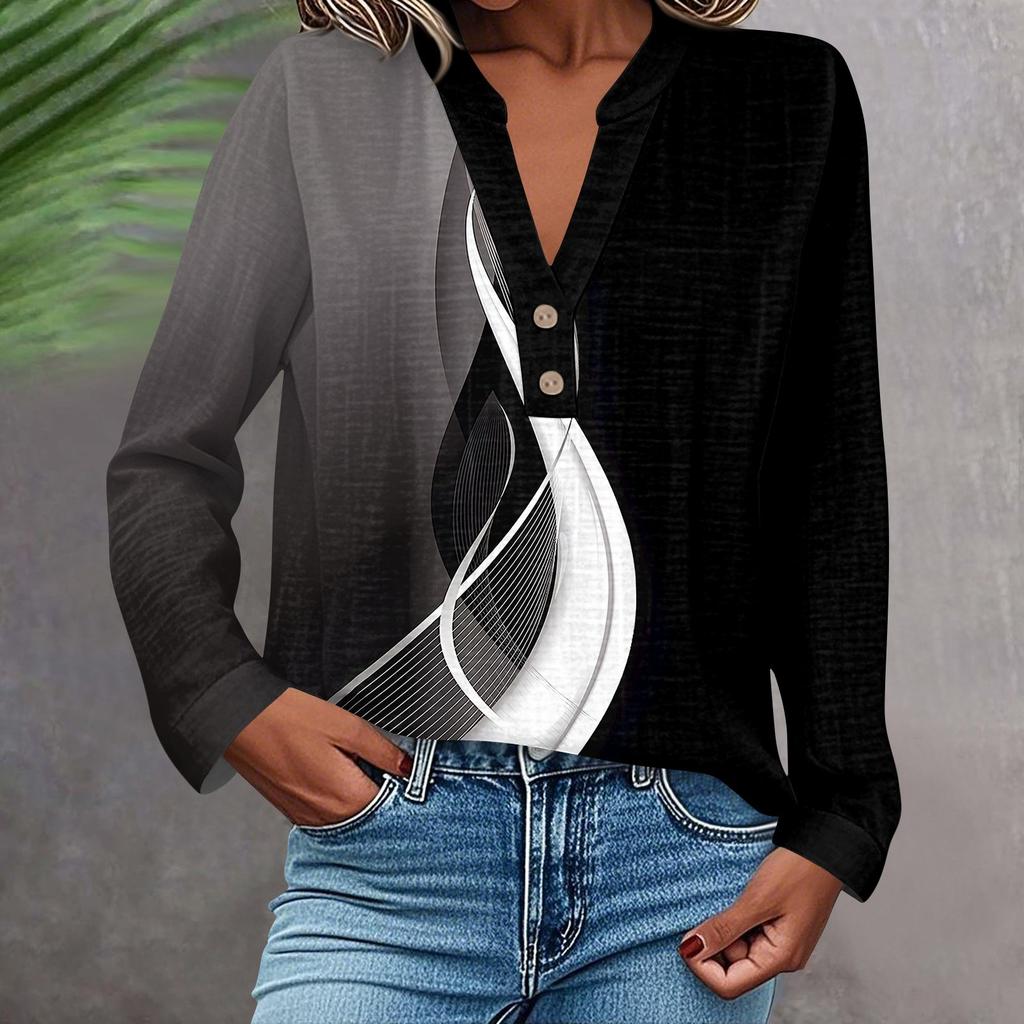 Женская модная и повседневная рубашка с длинным рукавом, V-образным вырезом, на пуговицах, с принтом, блузка, топ