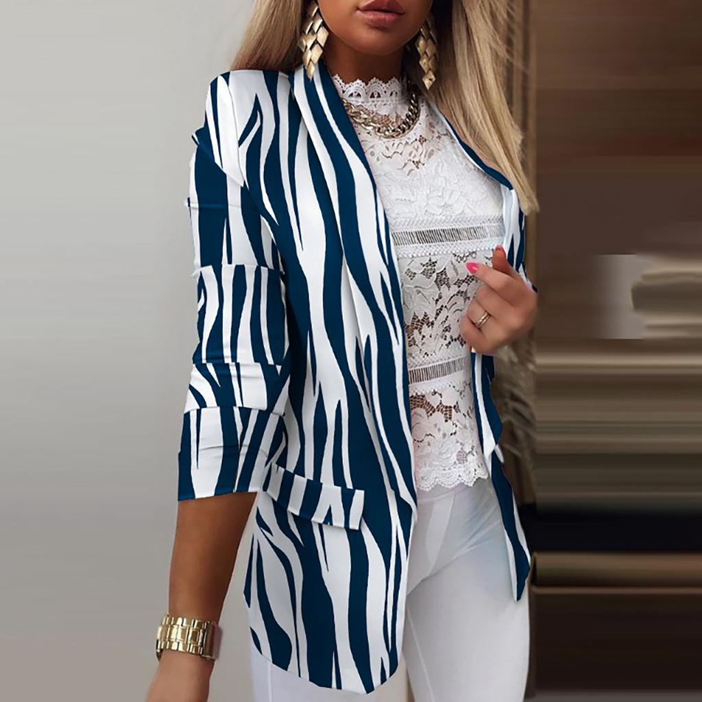 Women Fashion Long Sleeve Print Color Coat Open Front Suit Jacket